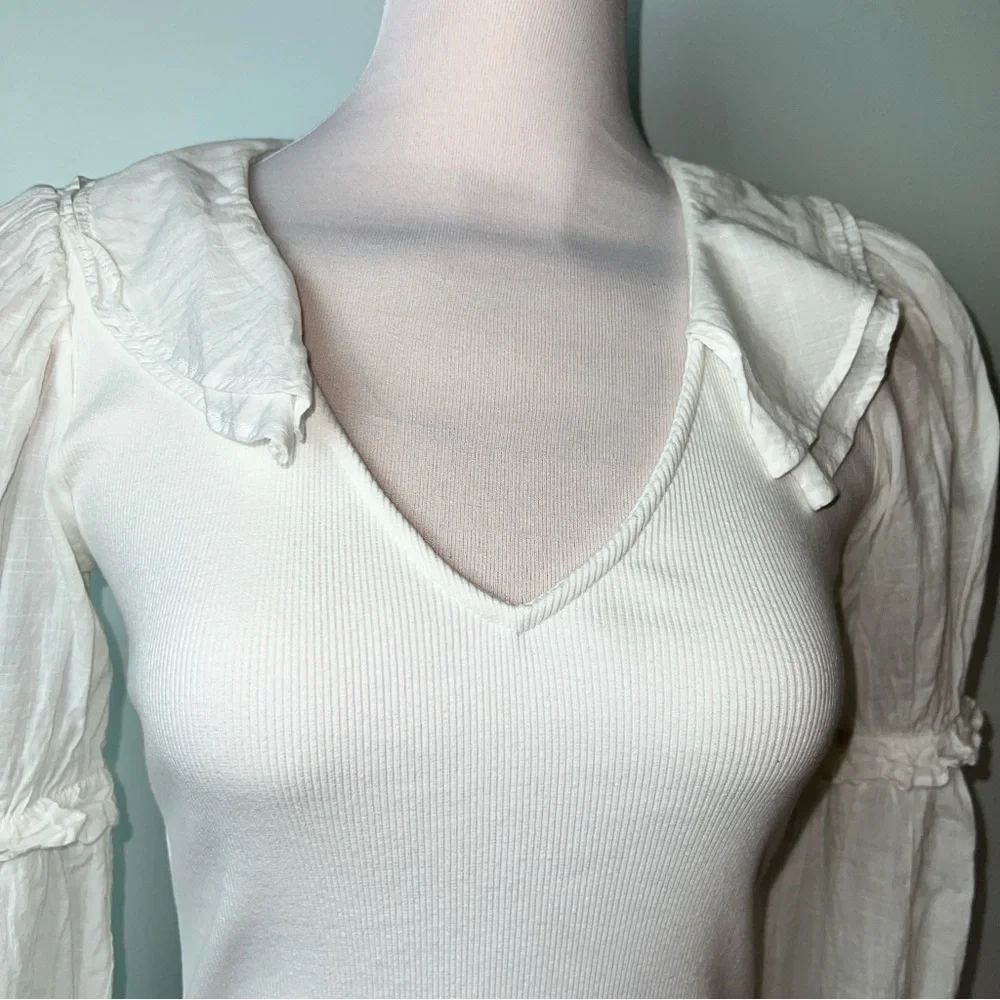 Anthropologie Cream Puff Sleeve Collared Top | Women’s Size XS